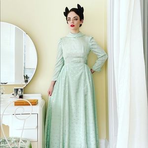 Seafoam Green 1970s Embossed Poly Satin Maxi Dress